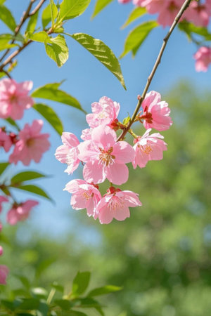 Pink cherry blossoms blooming on the branchesの素材