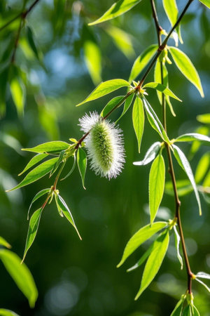 Close up of new willow buds and velvety inflorescencesの素材