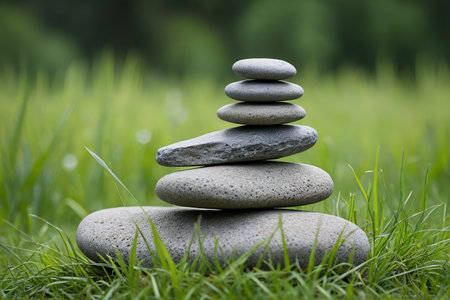 Balance stones stacked on grassの素材