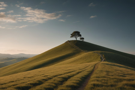 Lonely trees and winding paths on the hillsideの素材