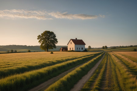 White farmhouse with trees in a fieldの素材