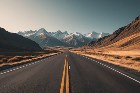 A road in the wilderness extending toward the snow capped mountainsの素材