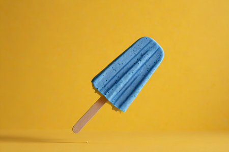 Blue ice cream on a stick on a yellow background. Minimal concept.の素材