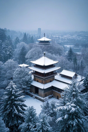 Panoramic view of ancient buildings and woods in the snowの素材