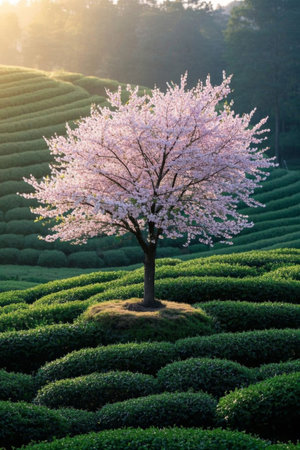 Cherry blossoms in full bloom in tea gardensの素材
