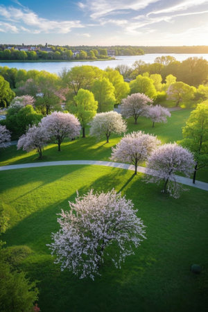 Lakeside Park with flowers and treesの素材