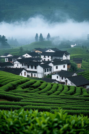 Mountain villages and tea garden sceneryの素材