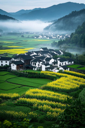 Pastoral scenery of rapeseed flowers in mountain villagesの素材
