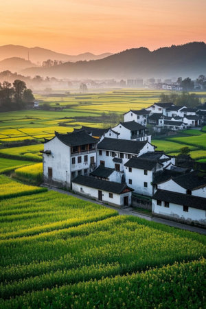 Rural rapeseed fields and residential landscapesの素材