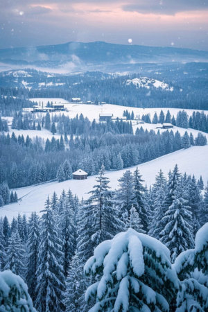 Snow covered forests and villages in winterの素材