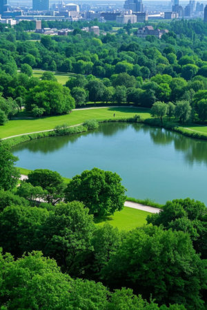 Overlooking the landscape with lake greenery in the city parkの素材