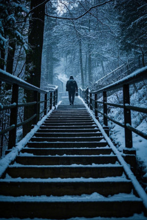 Pedestrians stroll along the forest ladder in the snowの素材