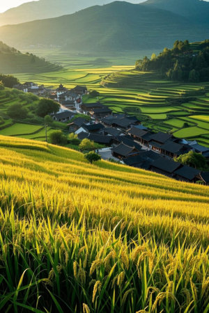Rural rice terraces and residential landscapesの素材