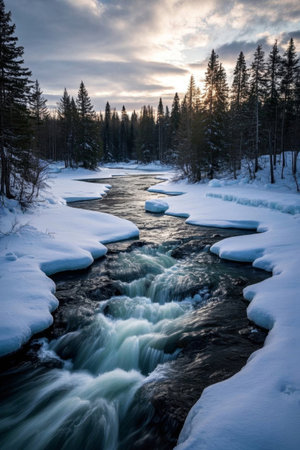 A scene of a river flowing in the forest in winterの素材
