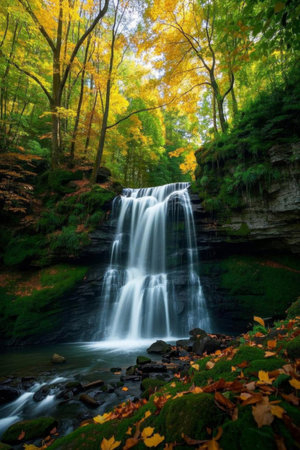 Autumn waterfall landscape in the forestの素材