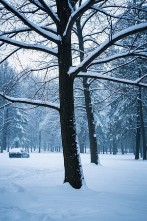 Snow covered the woods and cars in winterの素材