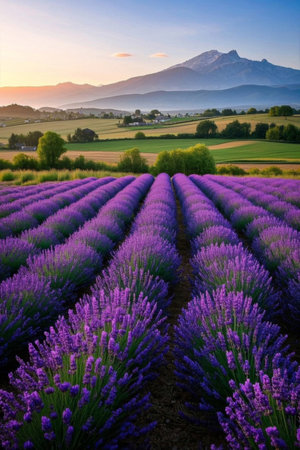 Lavender fields and distant mountain sceneryの素材