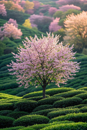 Cherry blossom trees in full bloom in the tea gardenの素材