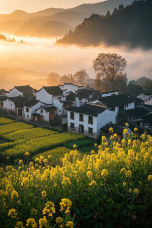 Rural rapeseed fields and residential sceneryの素材