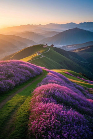 Mountain flower sea and distant mountain landscapeの素材