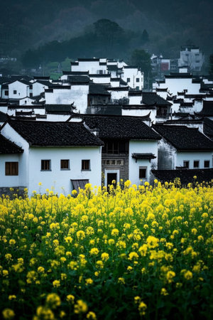 Rural rapeseed flowers and white walled and black tiled buildingsの素材