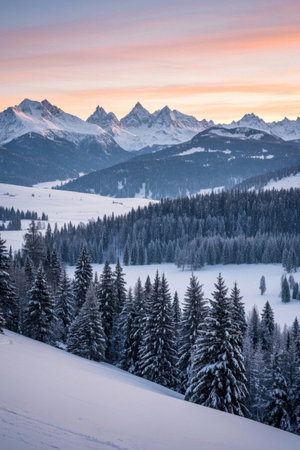 Snow Mountain Forest Sunset Natureの素材