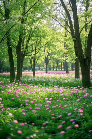 Pink flower landscape in bloom in the forestの素材