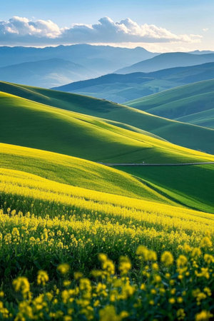 Rapeseed fields on the hillsideの素材