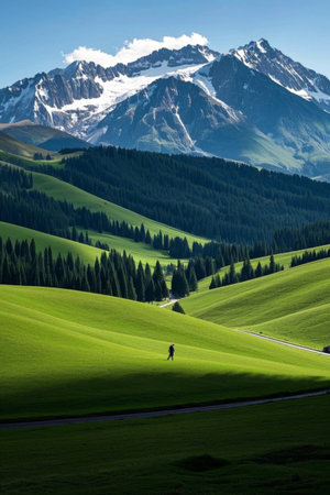 People walking on the grassland and the snow capped mountains in the distanceの素材