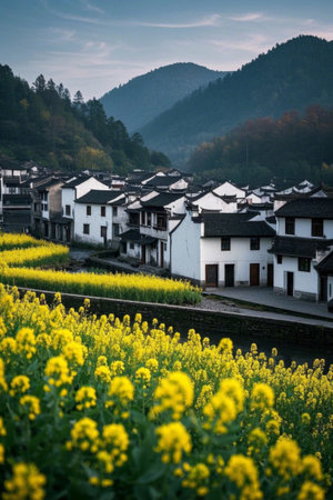 Rural rapeseed flowers and white walled, black tiled housesの素材