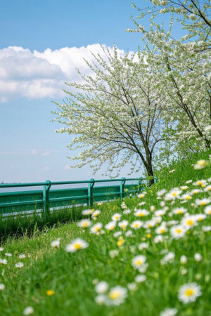 Lakeside flowering trees and meadow flowers landscapeの素材