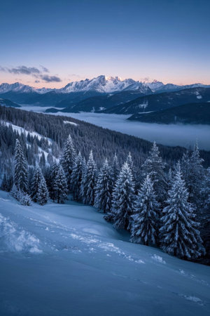 Snow covered forests and distant natural landscapesの素材