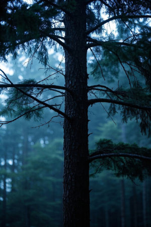 Erect pine trees in a forest in the fogの素材