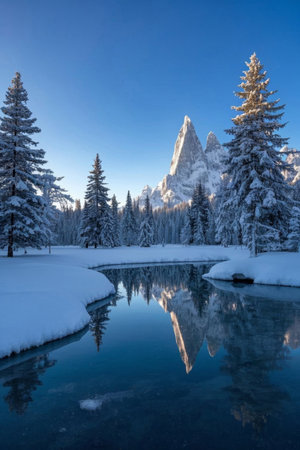 Snowy mountain and forest reflection landscapeの素材