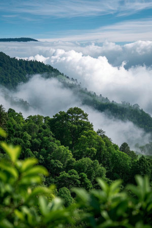 Natural scenery of mountains, forests, clouds and seaの素材