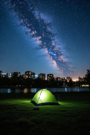 Night view of starry sky camping on the grass next to the cityの素材