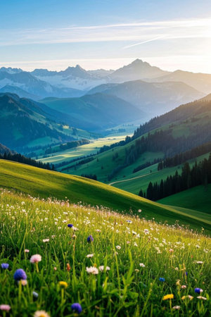 Green meadows in the mountains and distant mountain landscapesの素材