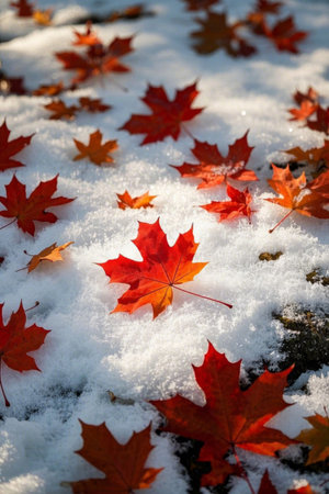 Red maple leaves on the snowの素材