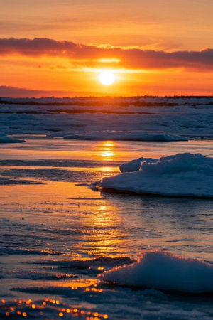 Ice surface and ice float landscape at sunsetの素材