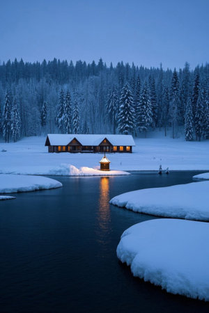 Cabin in the forest by the lake on a snowy nightの素材