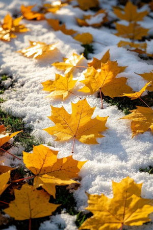 Yellow maple leaves on the snowの素材