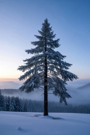 Single pine landscape in the forest after the snowの素材