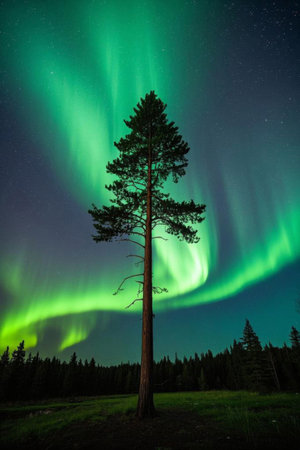 Aurora night view over the forestの素材