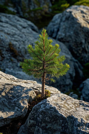Small pine trees growing among rocksの素材