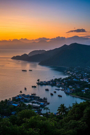 Panoramic sunset view of the fishing village by the seaの素材