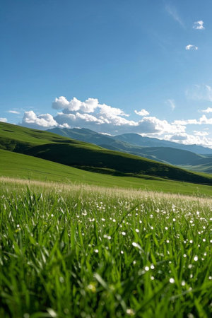 Grassland hills with blue sky and white clouds natural sceneryの素材