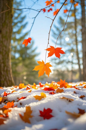 Beautiful autumn maple leaves in the snowの素材