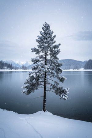 Lone trees by the lake after the snowの素材