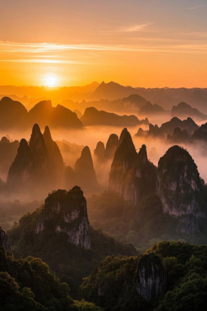 Sunrise scene in China's karst mountainsの素材