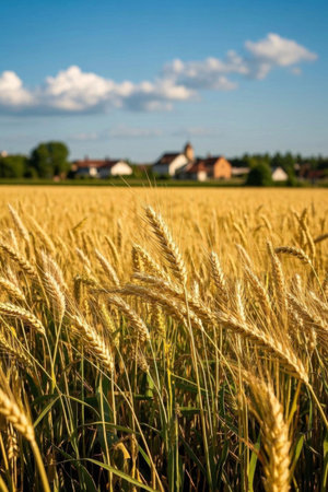Golden wheat fields and distant village sceneryの素材